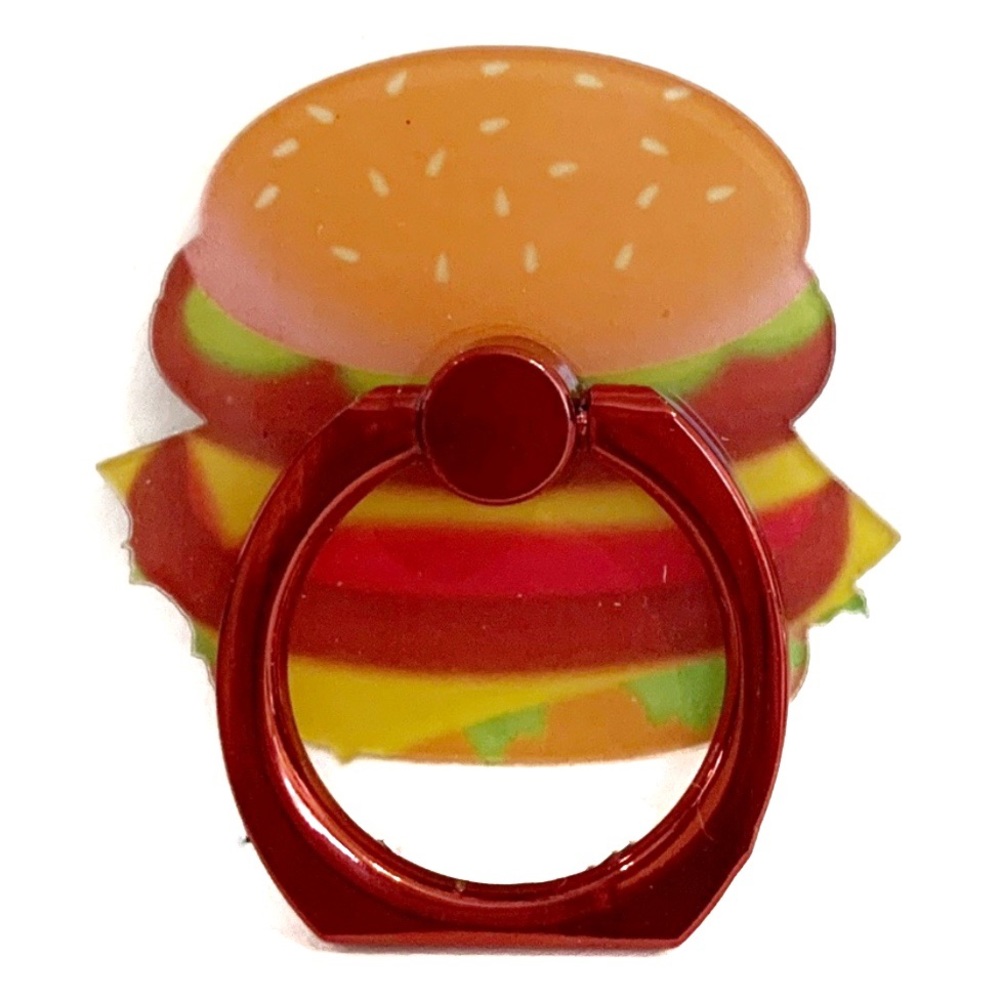 Hamburger Shaped Phone Stand Ring Finger Holder 3M Adhesive Red Orange Socket